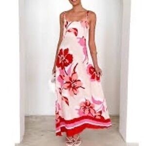 White Closet Pink Red Floral Linen Blend Maxi Dress Size Large Resort Tropical